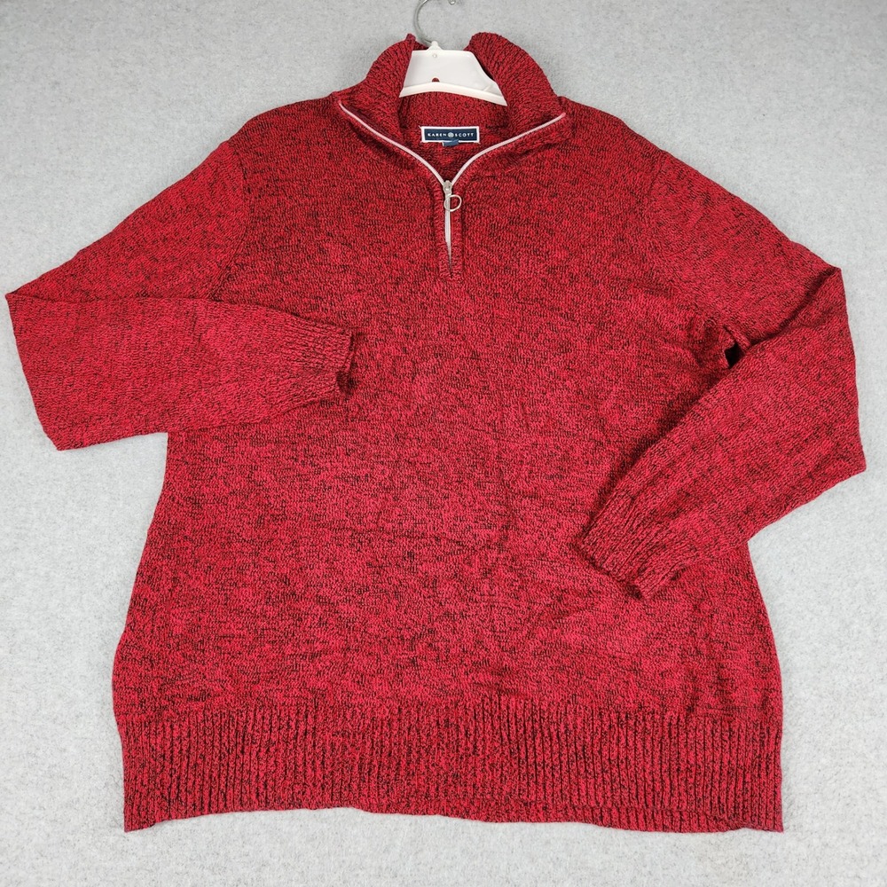 Karen Scott Sweater Women XL Red Marled Knit Quarter Zip Mock Neck Everyday Wear